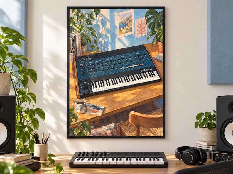 Pu&ograve; includere: Una stampa artistica da parete incorniciata che raffigura un sintetizzatore Oberheim OB-Xa su una scrivania in legno. La scena include una tazza, libri e piante in vaso, con la luce del sole che proietta ombre sulla scrivania e sulla tastiera.