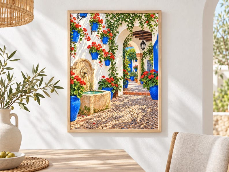 May include: A framed wall art print depicting a Mediterranean courtyard scene with a stone fountain, vibrant red geraniums in bright blue ceramic pots, climbing green vines, and a cobblestone path leading through a white arched stone doorway.