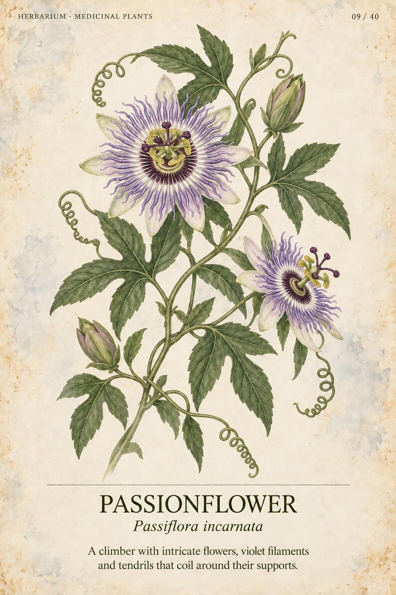 May include: A botanical print titled HERBARIUM MEDICINAL PLANTS 09/40 featuring a detailed illustration of a passionflower, Passiflora incarnata. The image displays two purple and white flowers, green leaves, and coiled tendrils on a textured background.