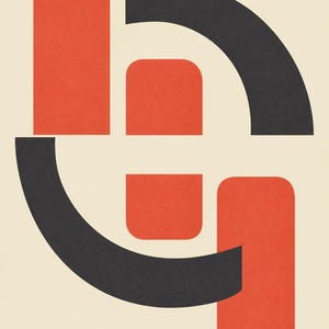 May include: A graphic art print featuring a composition of geometric shapes on a cream background. The design includes two vertical orange rectangles with rounded corners, two smaller orange squares, and two dark charcoal gray curved arcs.