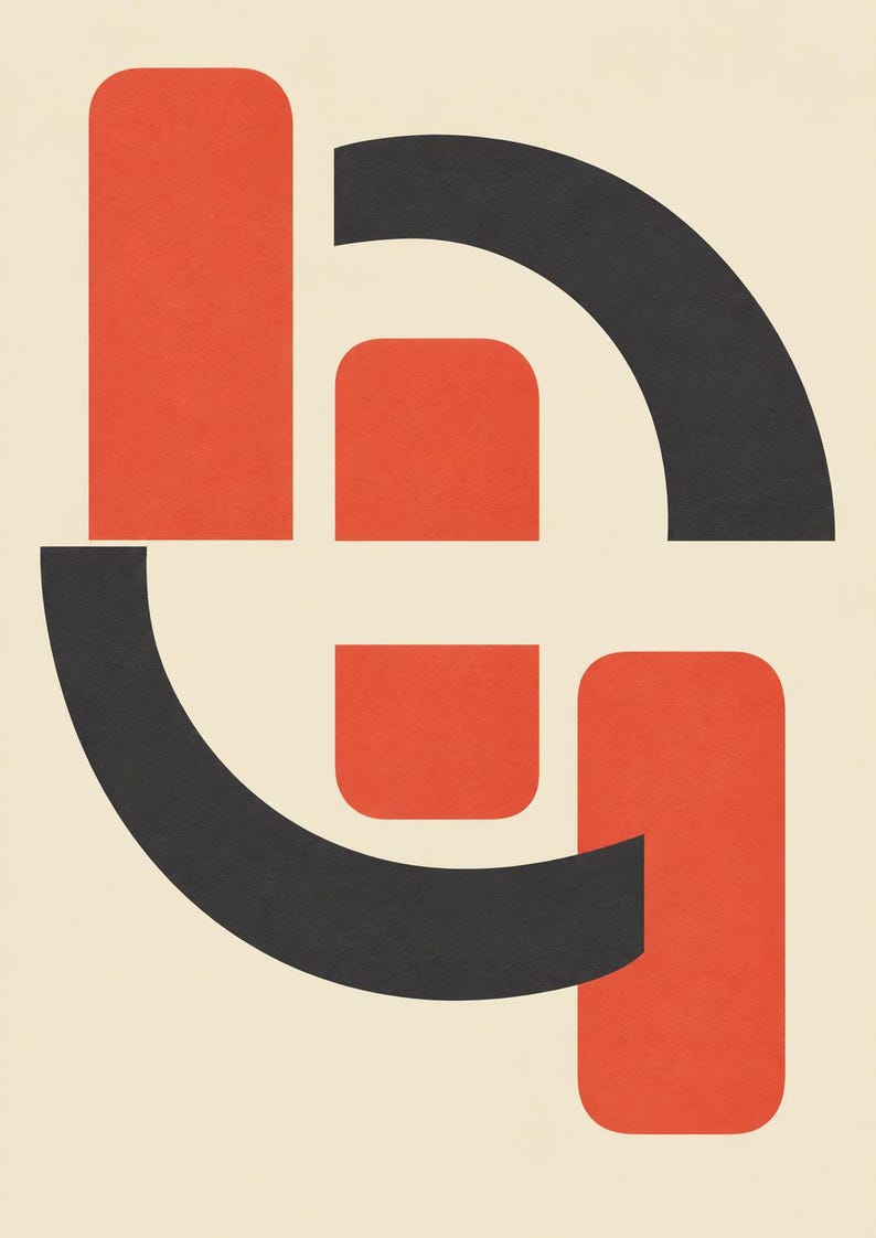 May include: A graphic art print featuring a composition of geometric shapes on a cream background. The design includes two vertical orange rectangles with rounded corners, two smaller orange squares, and two dark charcoal gray curved arcs.