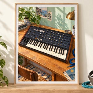 May include: A Korg Mono/Poly analog synthesizer with a black control panel, numerous knobs, and a white and black keyboard, positioned on a wooden desk. The synthesizer features wood side panels and is surrounded by a plant, headphones, and books.