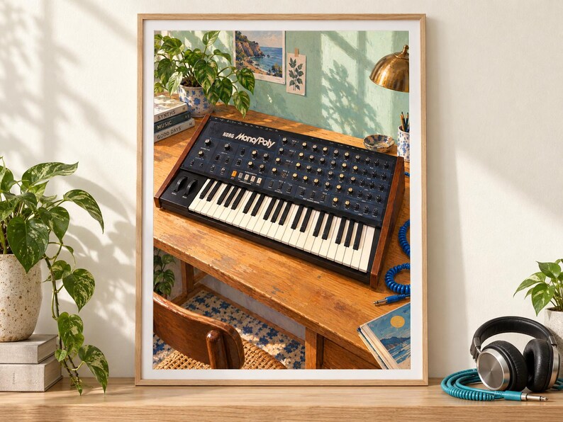 May include: A Korg Mono/Poly analog synthesizer with a black control panel, numerous knobs, and a white and black keyboard, positioned on a wooden desk. The synthesizer features wood side panels and is surrounded by a plant, headphones, and books.