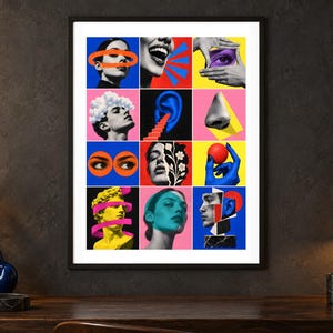 May include: A framed wall art print featuring a grid of twelve surrealist collage panels. The artwork displays various human facial features, anatomical elements, and abstract shapes in vibrant colors including blue, yellow, red, and black and white.