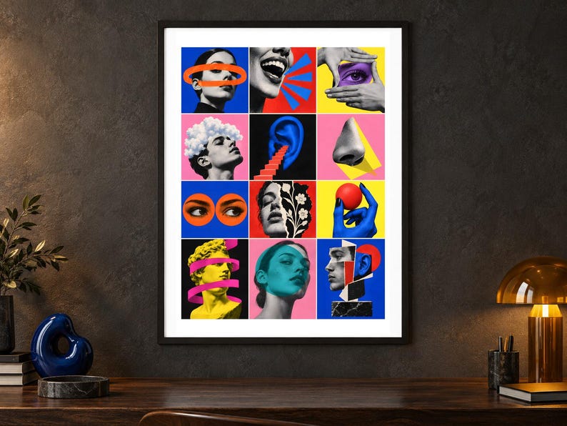 May include: A framed wall art print featuring a grid of twelve surrealist collage panels. The artwork displays various human facial features, anatomical elements, and abstract shapes in vibrant colors including blue, yellow, red, and black and white.