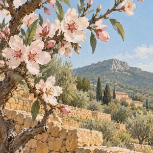 May include: A painting of a blooming almond tree with light pink and white flowers in the foreground. Behind the tree, a stone wall runs along a terraced hillside with olive trees, stone buildings, and a mountain under a clear blue sky.