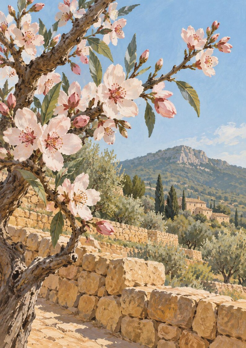 May include: A painting of a blooming almond tree with light pink and white flowers in the foreground. Behind the tree, a stone wall runs along a terraced hillside with olive trees, stone buildings, and a mountain under a clear blue sky.