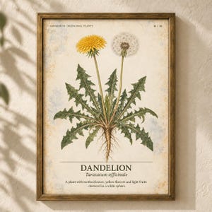 May include: A framed botanical print featuring a dandelion plant with a yellow flower and a white seed head. The text reads HERBARIUM MEDICINAL PLANTS 16/40, DANDELION, Taraxacum officinale, and a description of the plant with toothed leaves.