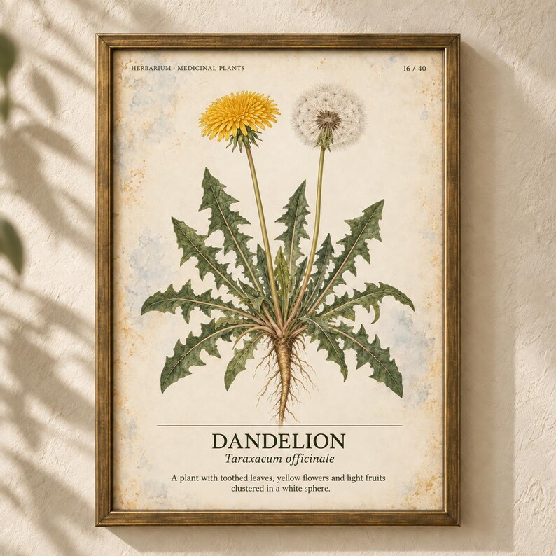 May include: A framed botanical print featuring a dandelion plant with a yellow flower and a white seed head. The text reads HERBARIUM MEDICINAL PLANTS 16/40, DANDELION, Taraxacum officinale, and a description of the plant with toothed leaves.