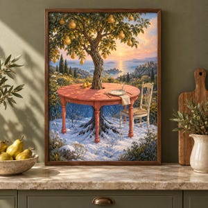 K&ouml;nnte beinhalten: Ein gerahmter Kunstdruck, der einen runden, rot-orangen Tisch zeigt, der um den Stamm eines Birnbaums gebaut ist. Der Baum h&auml;ngt voller gelber Birnen. Ein Stuhl, ein Teller und ein Glas stehen auf dem Tisch. Der Boden ist mit Schnee bedeckt.