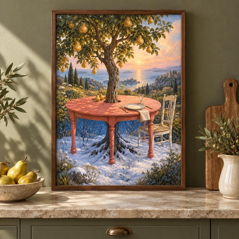 K&ouml;nnte beinhalten: Ein gerahmter Kunstdruck, der einen runden, rot-orangen Tisch zeigt, der um den Stamm eines Birnbaums gebaut ist. Der Baum h&auml;ngt voller gelber Birnen. Ein Stuhl, ein Teller und ein Glas stehen auf dem Tisch. Der Boden ist mit Schnee bedeckt.