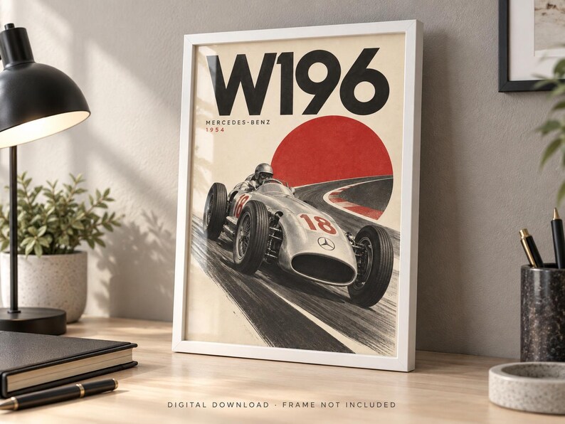 May include: A framed poster featuring a vintage silver Mercedes-Benz W196 race car from 1954. The artwork displays the text W196, Mercedes-Benz, and 1954, with a large red circle background and the race car driving on a track with the number 18.