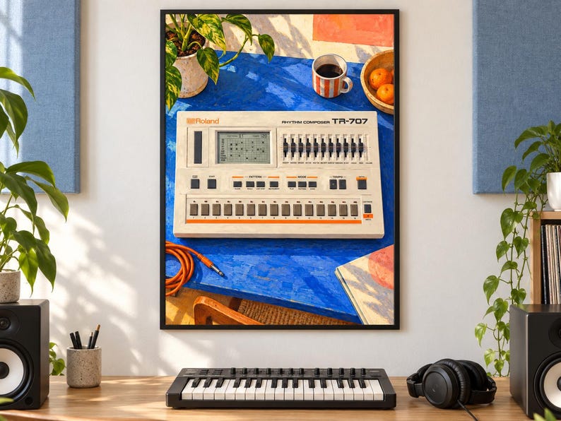 May include: A framed wall art print featuring a Roland TR-707 Rhythm Composer drum machine. The device is light beige with orange accents, a digital display, and multiple sliders. It sits on a bright blue table with a coffee mug and oranges.