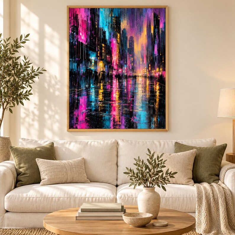 May include: A rectangular wall art print featuring an abstract cityscape at night with vibrant vertical streaks of neon pink, electric blue, and warm orange. The scene depicts tall buildings and glowing lights reflecting on a wet street surface.
