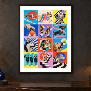 May include: A framed wall art print featuring a grid of twelve colourful squares, each displaying a different dog breed or canine-themed graphic. The artwork includes various dogs like a husky, beagle, and poodle, set against vibrant backgrounds.