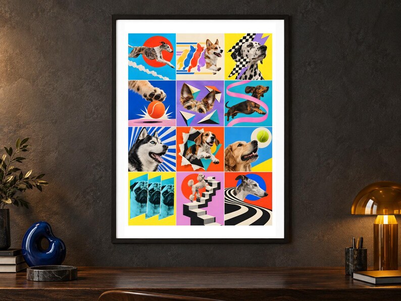 May include: A framed wall art print featuring a grid of twelve colourful squares, each displaying a different dog breed or canine-themed graphic. The artwork includes various dogs like a husky, beagle, and poodle, set against vibrant backgrounds.