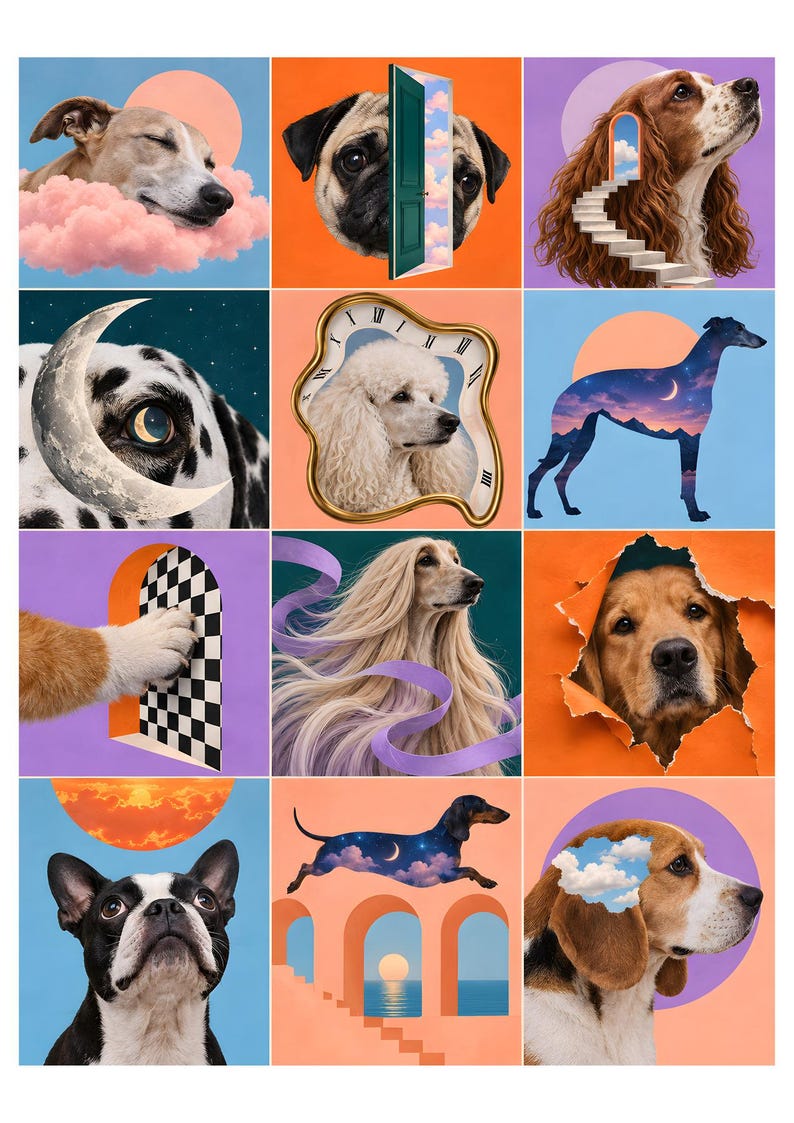 K&ouml;nnte beinhalten: Ein Raster aus zw&ouml;lf surrealen digitalen Kunsttafeln, die verschiedene Hunderassen zeigen, integriert mit traumhaften Elementen wie schwebenden Wolken, Mondsicheln, schmelzenden Uhren, karierten T&uuml;ren und Treppen vor lebendigen, einfarbigen Hintergr&uuml;nden.