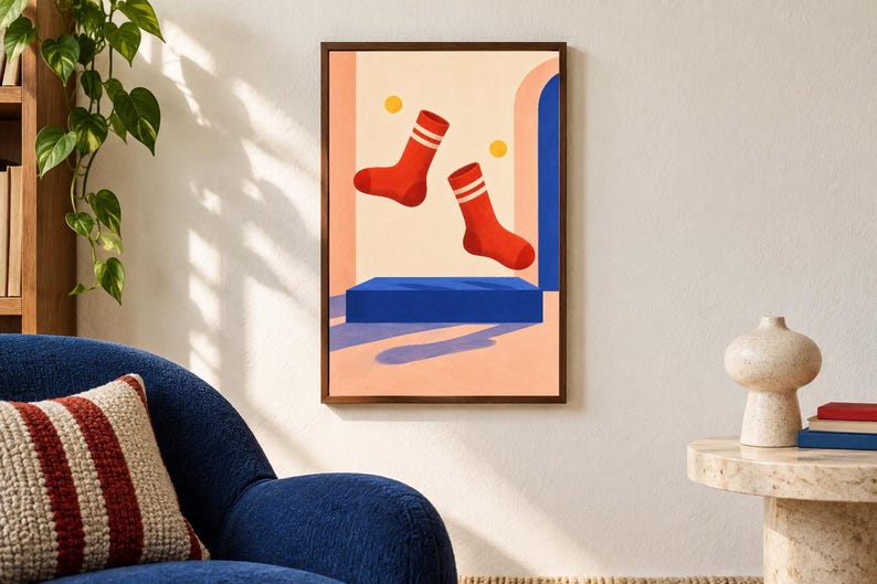 May include: A framed rectangular wall art print featuring two red socks with white stripes floating above a solid blue rectangular platform. The background consists of a light peach wall with a blue archway and two small yellow circles.