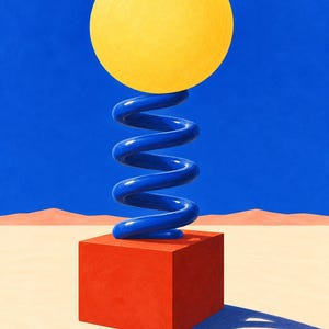 Puede incluir: Una ilustraci&oacute;n digital surrealista que presenta una esfera amarilla brillante equilibrada sobre un resorte helicoidal azul brillante, montado sobre un cubo rojo s&oacute;lido. La escena se sit&uacute;a bajo un cielo azul plano y un paisaje des&eacute;rtico beige con una larga sombra.