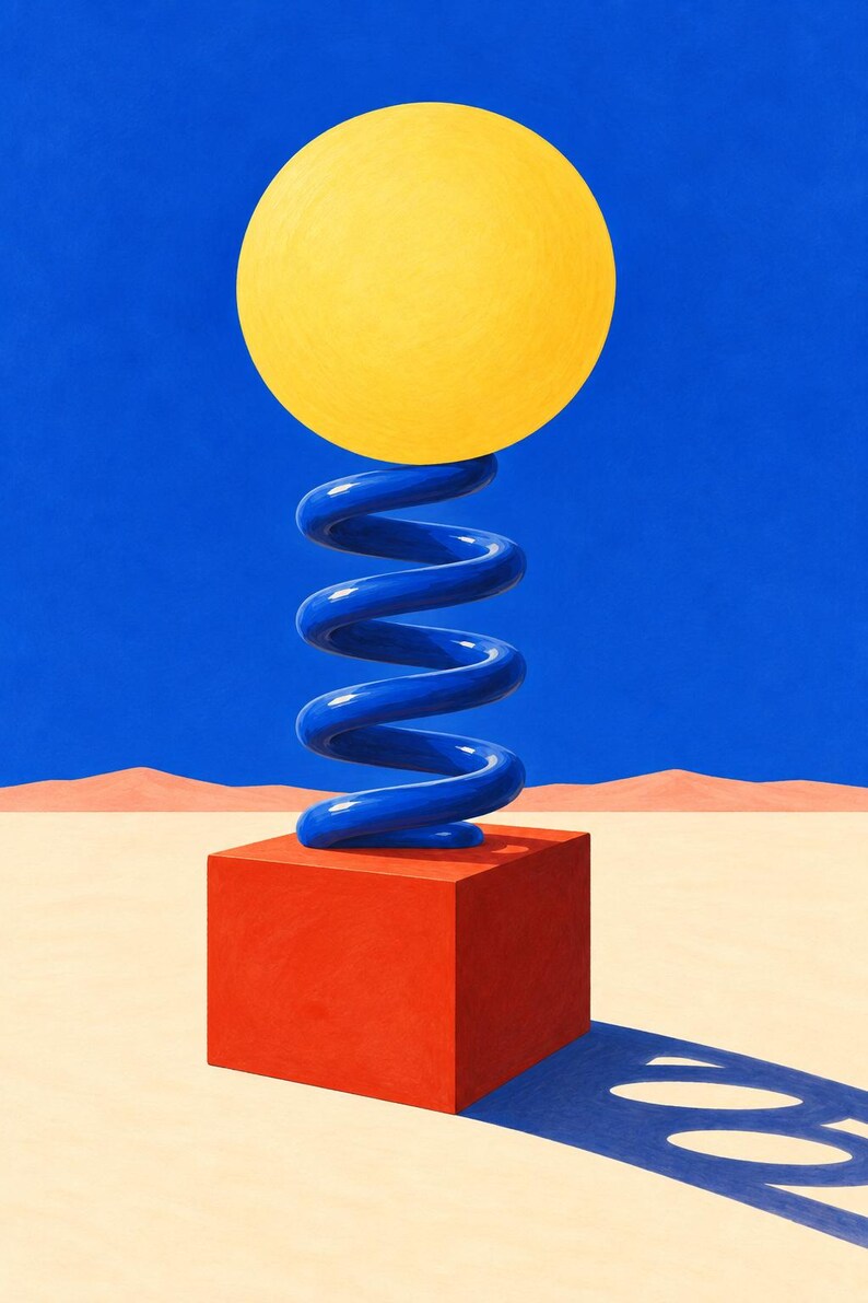 Puede incluir: Una ilustraci&oacute;n digital surrealista que presenta una esfera amarilla brillante equilibrada sobre un resorte helicoidal azul brillante, montado sobre un cubo rojo s&oacute;lido. La escena se sit&uacute;a bajo un cielo azul plano y un paisaje des&eacute;rtico beige con una larga sombra.