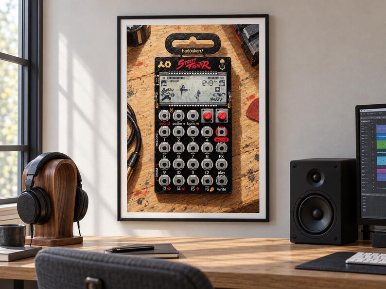 May include: A black Street Fighter themed pocket synthesiser featuring a digital display, sixteen numbered buttons, two red knobs, and a top hanging tab. The device displays the text hadouken and Street Fighter on its front panel.