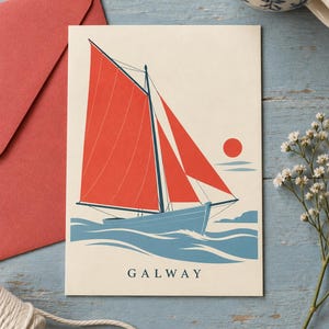 Utskrivbar konst i Galway County, kustdesign med röd segelbåt, digital nedladdning för irländskt bruk bild 3