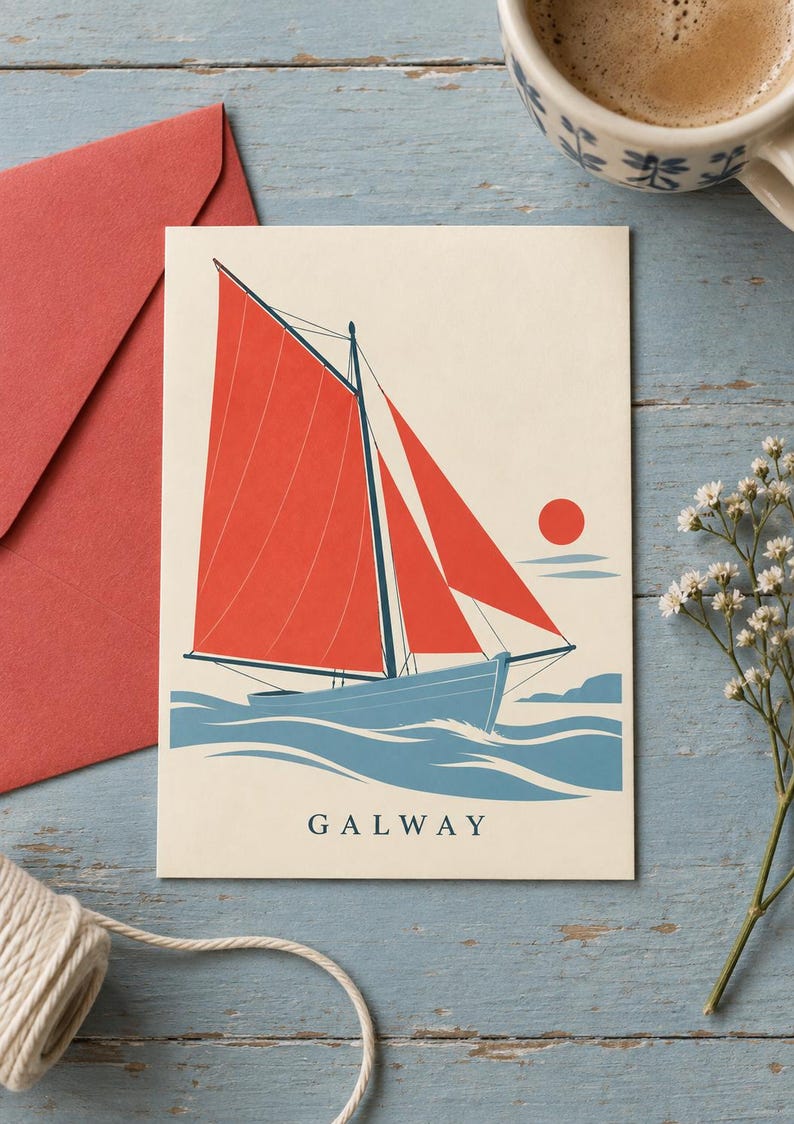 Utskrivbar konst i Galway County, kustdesign med röd segelbåt, digital nedladdning för irländskt bruk bild 3