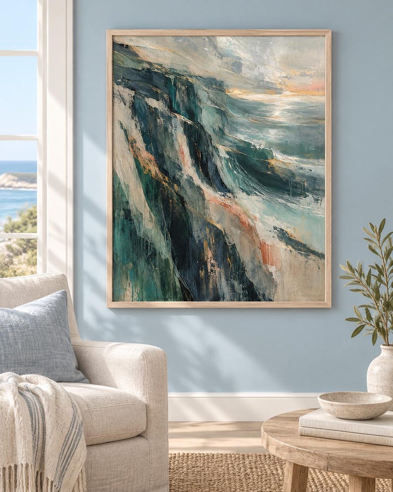 May include: A rectangular framed wall art piece featuring an abstract oil painting of a coastal cliffside. The artwork displays deep navy, teal, and forest green tones blended with soft cream, white, and muted peach highlights in a textured brushstroke style.