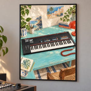 May include: A framed wall art print depicting a black Roland JX-3P synthesiser keyboard resting on a bright turquoise desk. The scene includes a red lamp, potted plants, a sketchbook with a leaf drawing, and coastal landscape paintings.