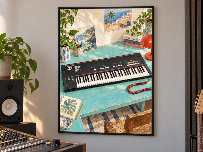 May include: A framed wall art print depicting a black Roland JX-3P synthesiser keyboard resting on a bright turquoise desk. The scene includes a red lamp, potted plants, a sketchbook with a leaf drawing, and coastal landscape paintings.