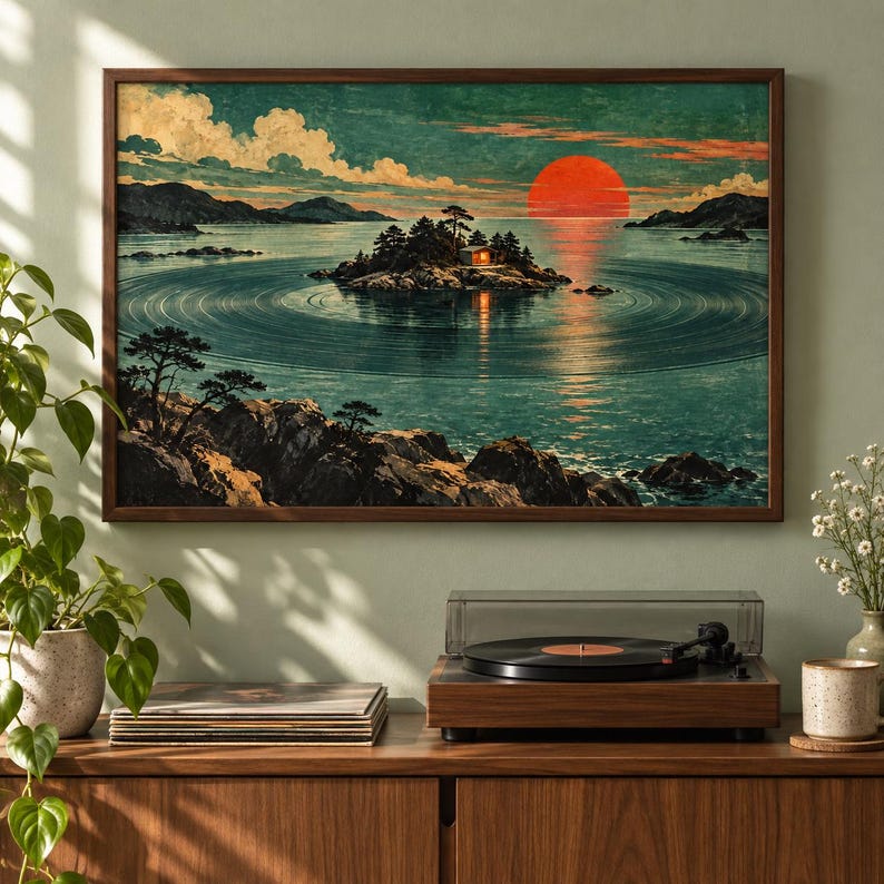 May include: A rectangular framed wall art print depicting a landscape with a small island featuring a cabin, surrounded by circular water ripples under a large red sun. The scene includes dark rocky foreground cliffs and a teal sky with clouds.