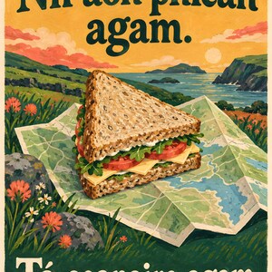 Op de afbeelding: Een posterillustratie met een sandwich op een kaart met de tekst N&iacute;l aon phlean agam en T&aacute; ceapaire agam. De sandwich bevat meergranenbrood, kaas, tomaat en groenten. De achtergrond toont een kustlandschap met heuvels, water en een zonsondergang.
