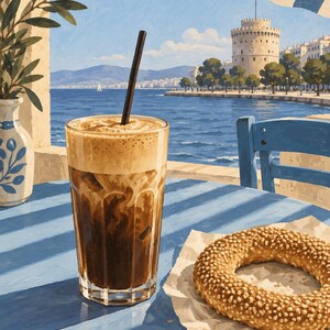 May include: A tall glass of iced coffee with a thick layer of foam and a black straw sits on a blue table next to a sesame seed bagel on parchment paper. In the background, a coastal scene features a white stone tower, blue sea, and sky.