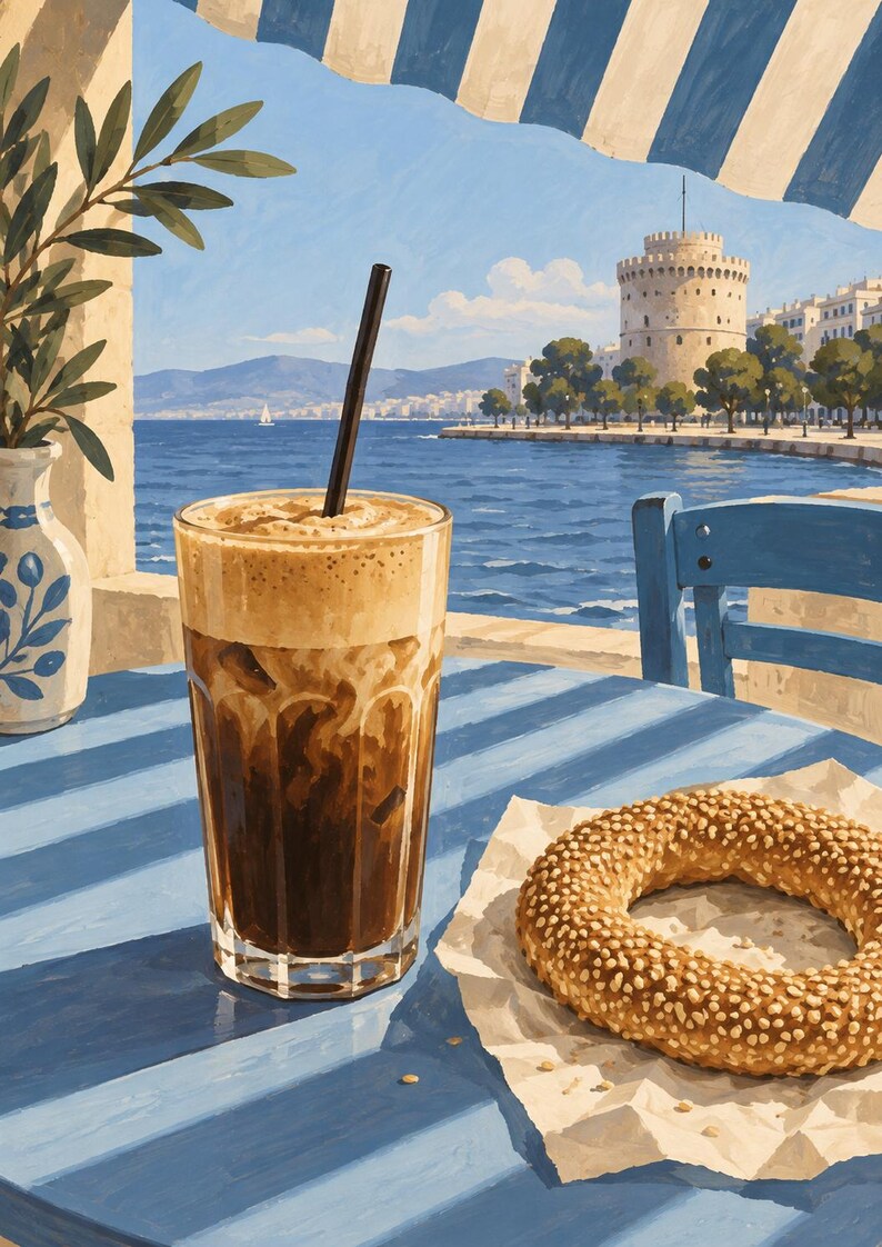 May include: A tall glass of iced coffee with a thick layer of foam and a black straw sits on a blue table next to a sesame seed bagel on parchment paper. In the background, a coastal scene features a white stone tower, blue sea, and sky.