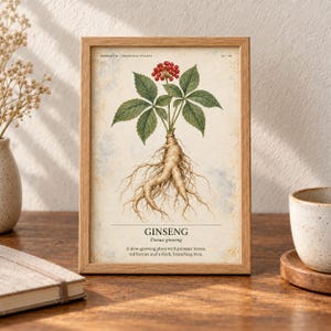 Może przedstawiać: Oprawiony wydruk botaniczny przedstawiający szczeg&oacute;łową ilustrację rośliny żeń-szenia z zielonymi liśćmi, czerwonymi jagodami i grubym korzeniem. Tekst brzmi: HERBARIUM MEDICINAL PLANTS, GINSENG, Panax ginseng.