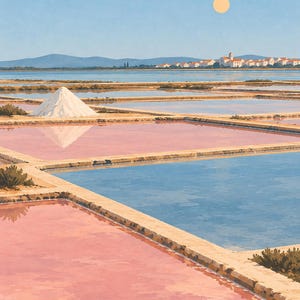 May include: A landscape painting of salt evaporation ponds featuring rectangular pools of pink and blue water separated by earthen paths. A large white conical pile of salt sits near the water, with a distant town and mountains under a pale sun.