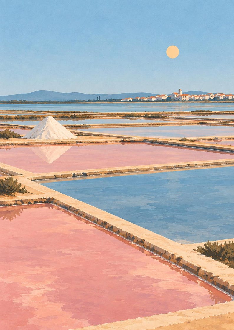 May include: A landscape painting of salt evaporation ponds featuring rectangular pools of pink and blue water separated by earthen paths. A large white conical pile of salt sits near the water, with a distant town and mountains under a pale sun.