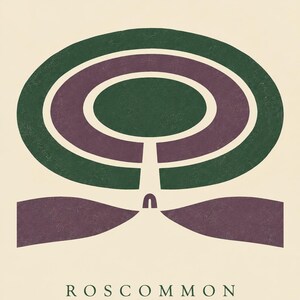 May include: A graphic art print on a cream background featuring a stylised dark green and purple oval maze pattern with a central path leading to a small archway. Below the graphic, the word ROSCOMMON is printed in dark green capital letters.