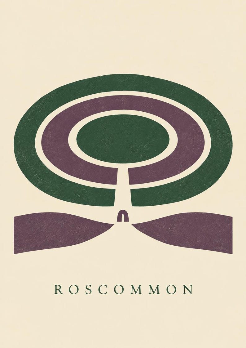 May include: A graphic art print on a cream background featuring a stylised dark green and purple oval maze pattern with a central path leading to a small archway. Below the graphic, the word ROSCOMMON is printed in dark green capital letters.