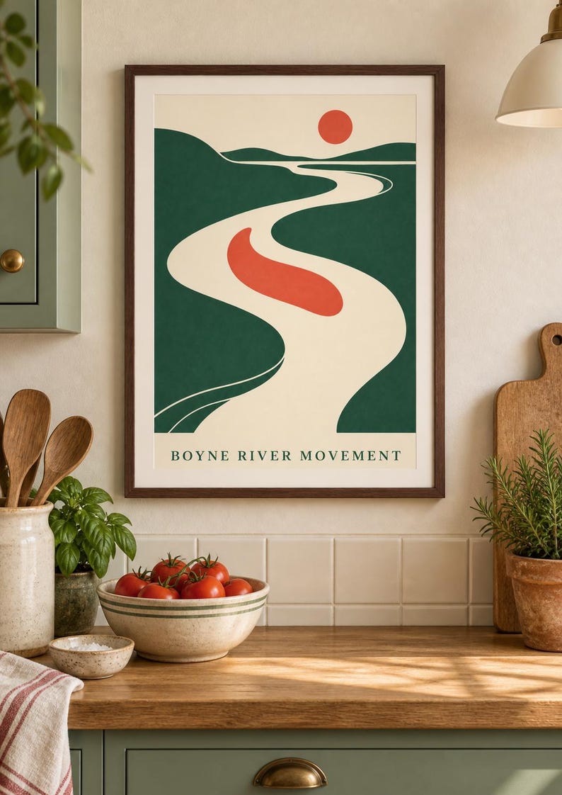 May include: A framed wall art print featuring a stylized landscape with a winding cream-colored river, dark green hills, a solid red sun, and a red oval shape in the center. The text BOYNE RIVER MOVEMENT is printed in black at the bottom of the print.