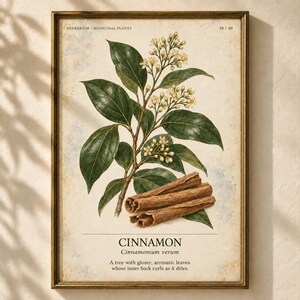 May include: A botanical print in a gold frame featuring a cinnamon plant with dark green leaves, small white flowers, and three brown cinnamon sticks. The text reads HERBARIUM MEDICINAL PLANTS 38/40, CINNAMON, Cinnamomum verum, and a descriptive sentence.