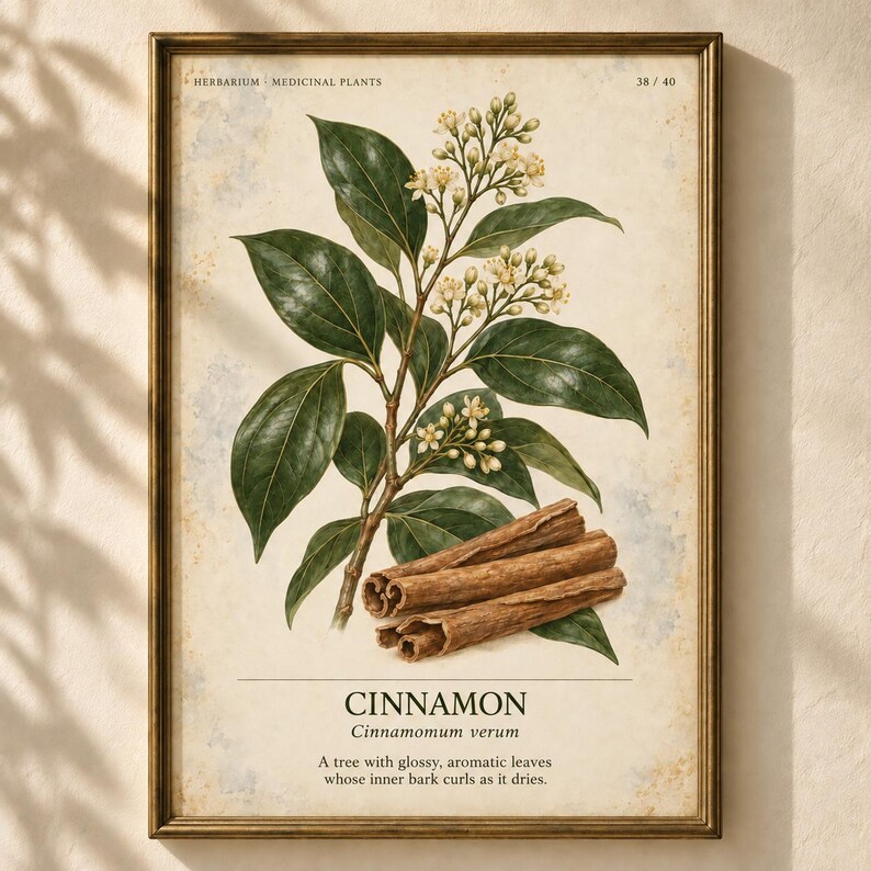 May include: A botanical print in a gold frame featuring a cinnamon plant with dark green leaves, small white flowers, and three brown cinnamon sticks. The text reads HERBARIUM MEDICINAL PLANTS 38/40, CINNAMON, Cinnamomum verum, and a descriptive sentence.
