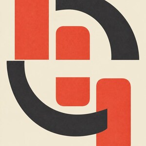 May include: A graphic print on a cream background featuring bold, geometric shapes in red and charcoal black. The composition includes two vertical rounded rectangles and two curved arcs arranged in a balanced pattern, with the text URBAN MUSIC PULSE.