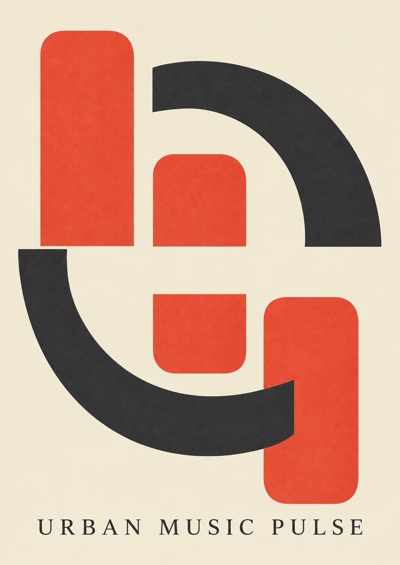 May include: A graphic print on a cream background featuring bold, geometric shapes in red and charcoal black. The composition includes two vertical rounded rectangles and two curved arcs arranged in a balanced pattern, with the text URBAN MUSIC PULSE.