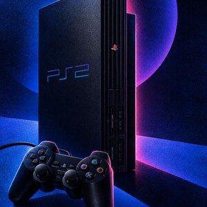 May include: A black PlayStation 2 game console standing vertically with the text PS2 and Sony visible on the front. A matching black wired game controller with analog sticks, directional pad, and four colored action buttons sits in the foreground.