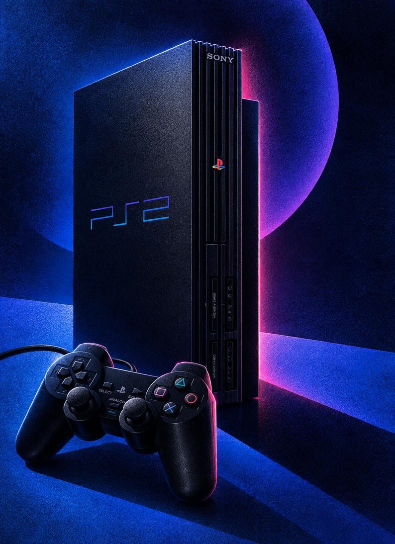 May include: A black PlayStation 2 game console standing vertically with the text PS2 and Sony visible on the front. A matching black wired game controller with analog sticks, directional pad, and four colored action buttons sits in the foreground.