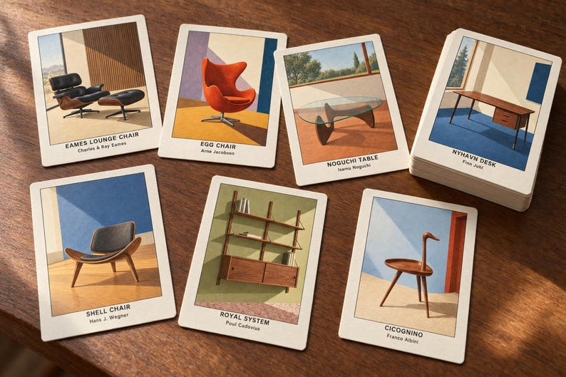 Puede incluir: Un juego de cartas rectangulares con ilustraciones de muebles que incluyen la Eames Lounge Chair, Egg Chair, Noguchi Table, Nyhavn Desk, Shell Chair, Royal System y Cicognino, cada una etiquetada con el nombre del objeto y su dise&ntilde;ador.