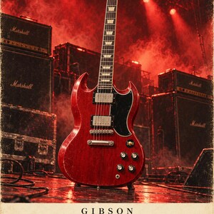 May include: A cherry red Gibson SG 1961 electric guitar with a double-cutaway body, two humbucker pickups, a black pickguard, and four control knobs. The headstock features the Gibson logo. The text GIBSON SG 1961 is printed at the bottom.