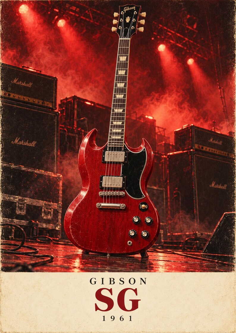 May include: A cherry red Gibson SG 1961 electric guitar with a double-cutaway body, two humbucker pickups, a black pickguard, and four control knobs. The headstock features the Gibson logo. The text GIBSON SG 1961 is printed at the bottom.