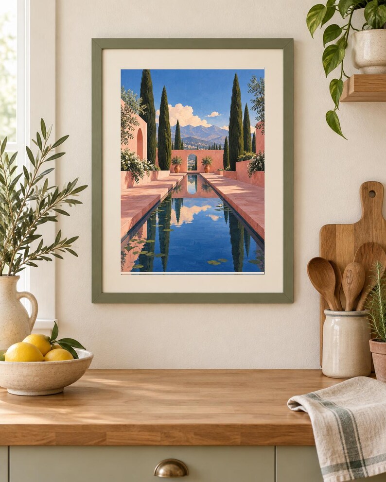 Pu&ograve; includere: Una stampa artistica incorniciata raffigurante un paesaggio mediterraneo con una lunga piscina rettangolare blu, alti cipressi, pareti in stucco rosa e montagne in lontananza sotto un cielo azzurro, in una cornice verde salvia.